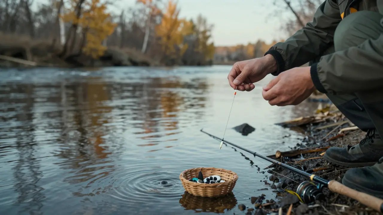 Рыбак на реке в Томске наблюдает за поплавком 4 2, который стабильно держит позицию в умеренном течении.