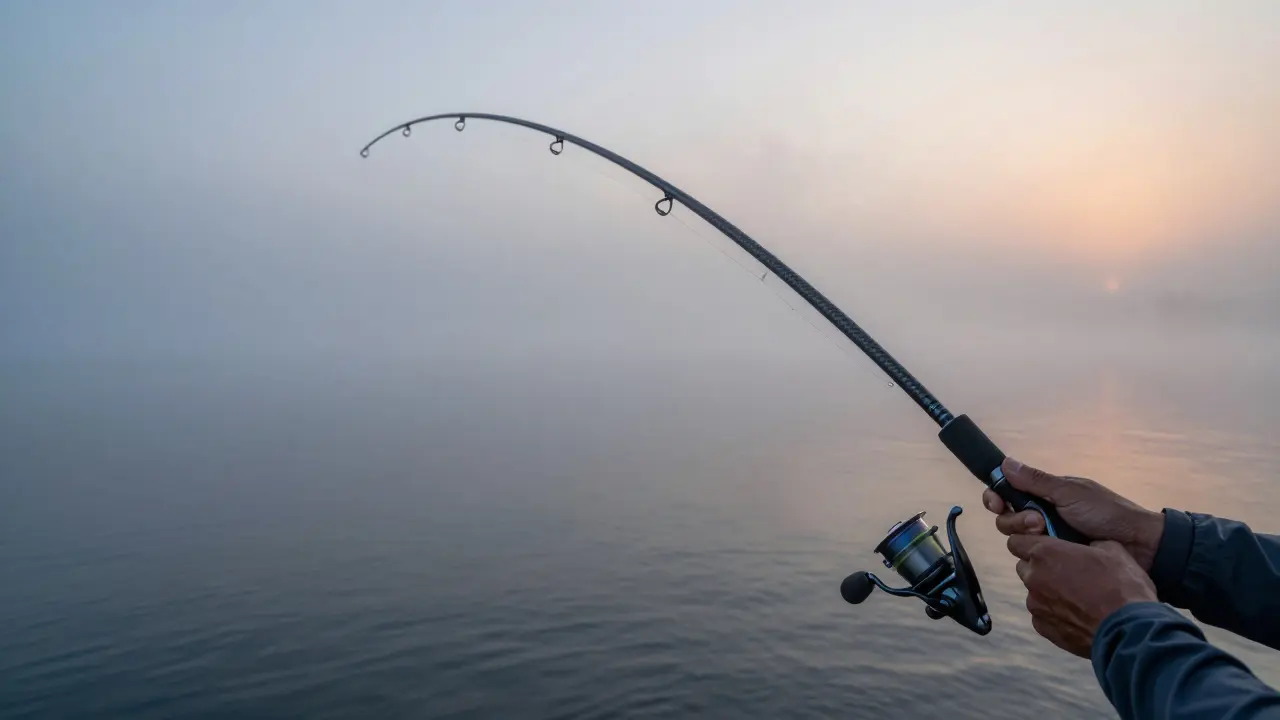Рыбак с гнущимся удилищем на берегу водоёма