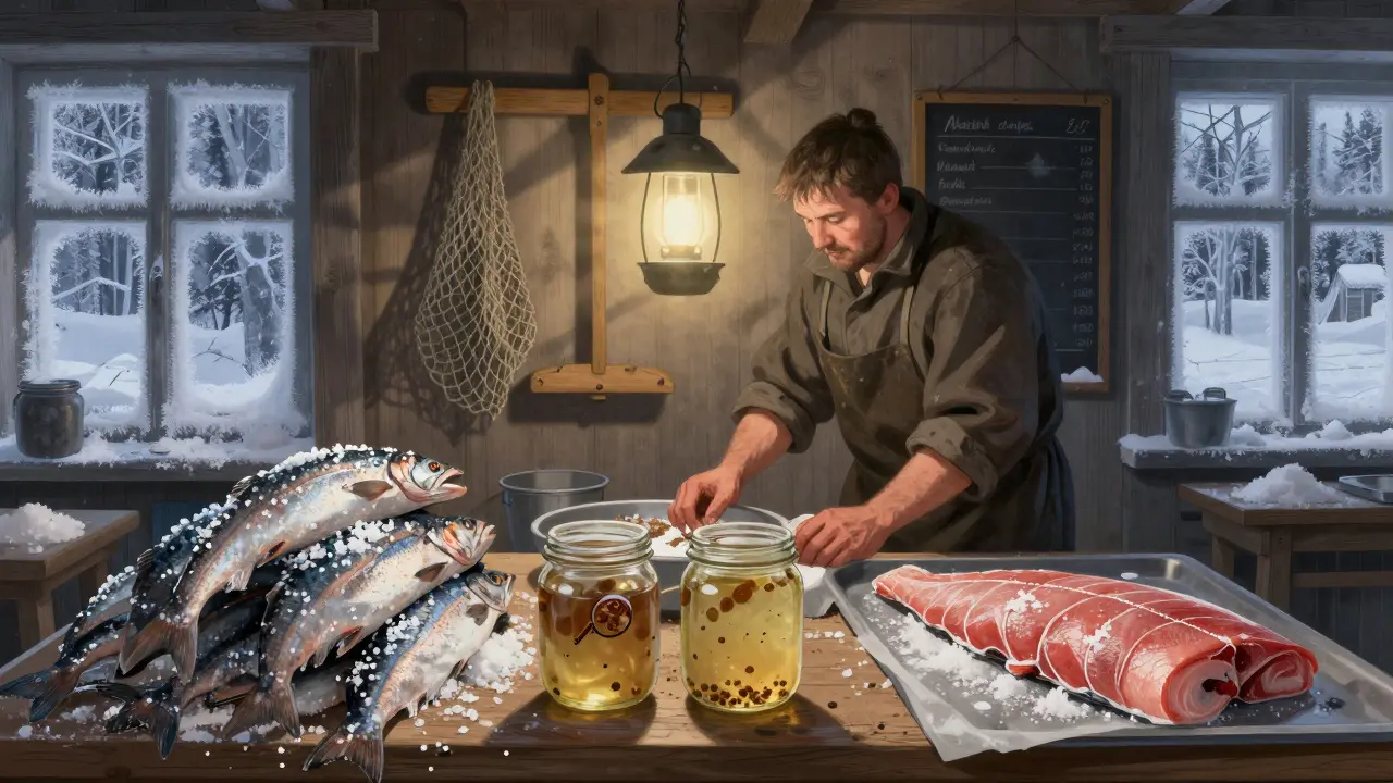 Рыбак в мастерской Петрозаводска проверяет три вида солёной рыбы при ламповом свете.