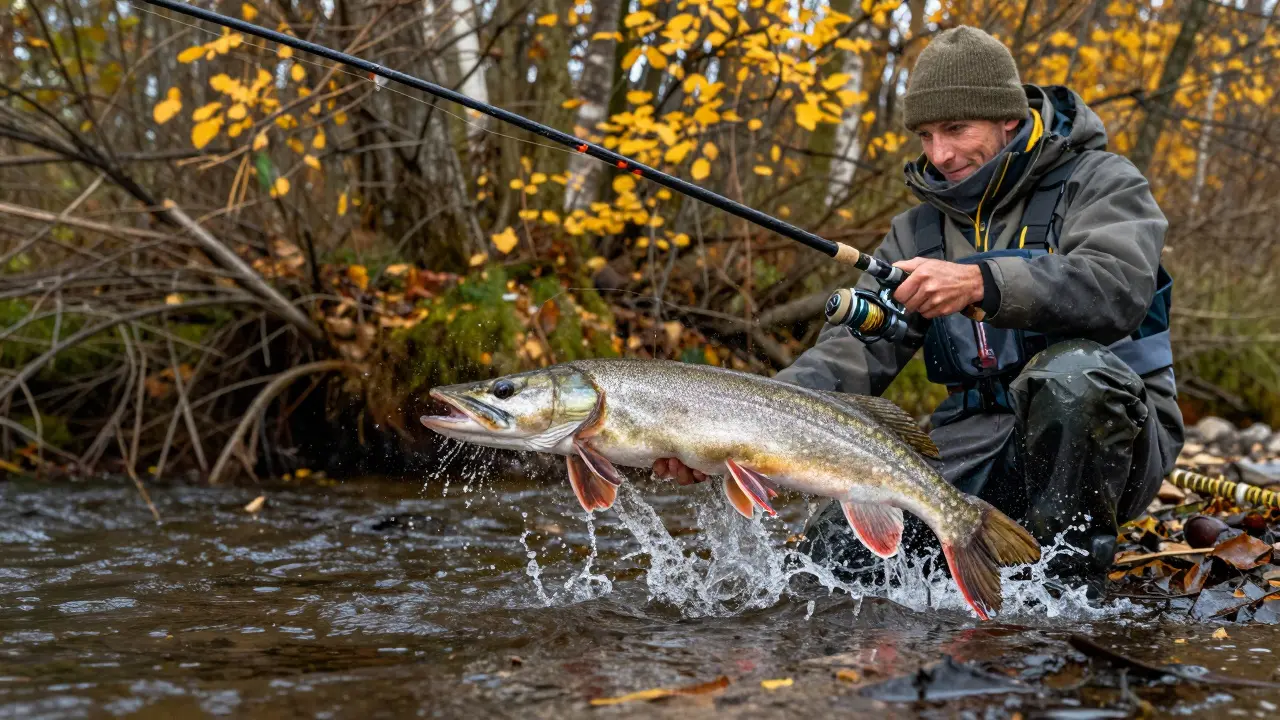 Рыбак забрасывает спиннинг, щука выпрыгивает из воды, осенние листья летят вокруг.