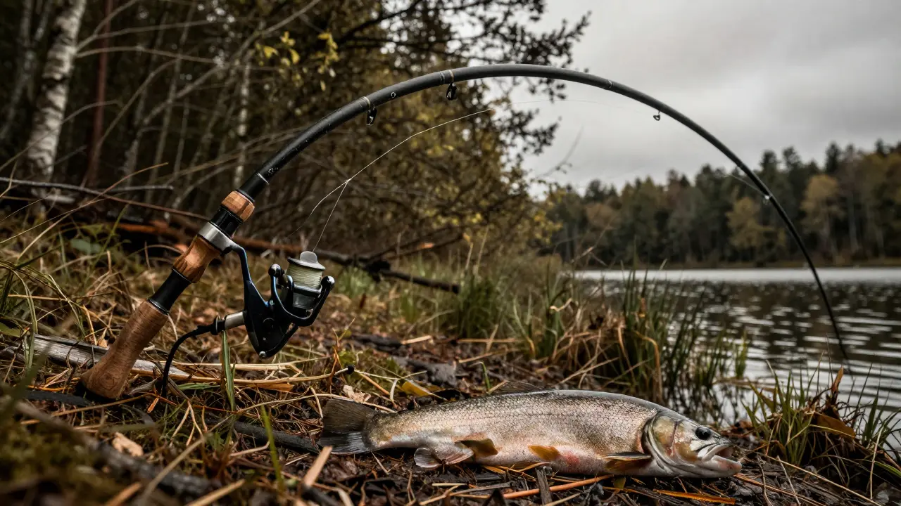 Рыболов изгибает крепкую стеклопластиковую удочку в лесу