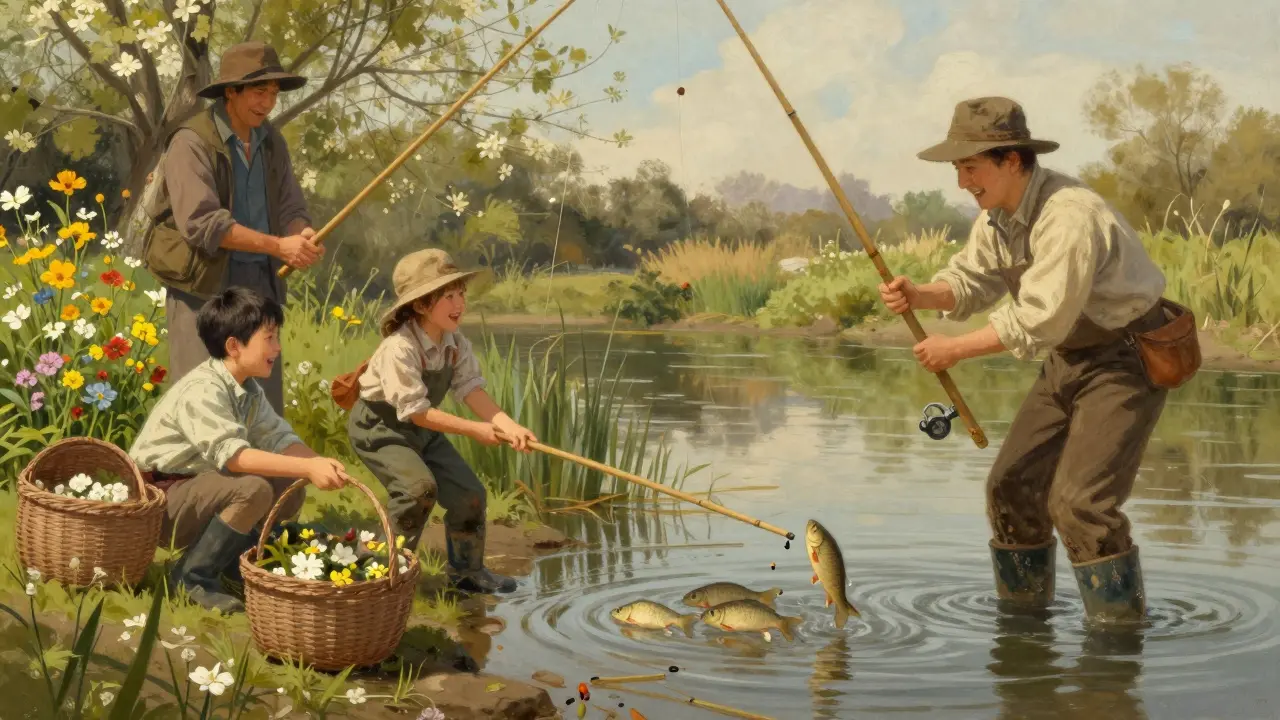 Семья ловит плотву весной в пруду, дети радуются выловленной рыбе.