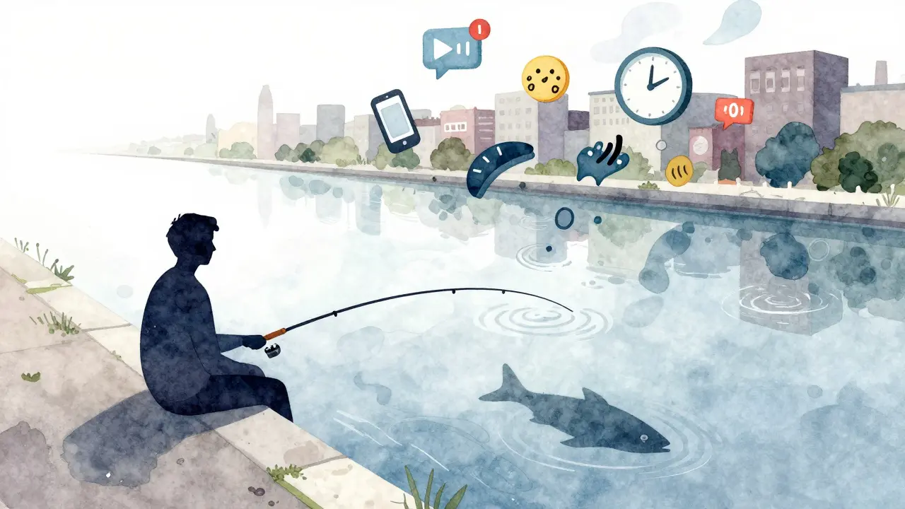 Силуэт человека у канала, цифровой шум растворяется в волнах, символизируя внутренний покой.