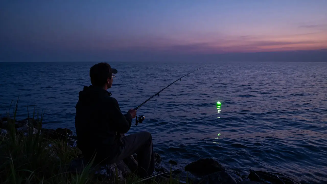 Силуэт рыбака следит за сигнальным поплавком на темной воде
