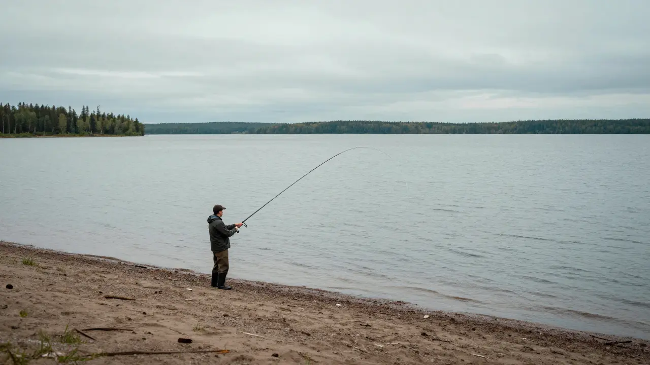 Широкая река или озеро, рыболов с длинной палкой стоит у воды на фоне горизонта.