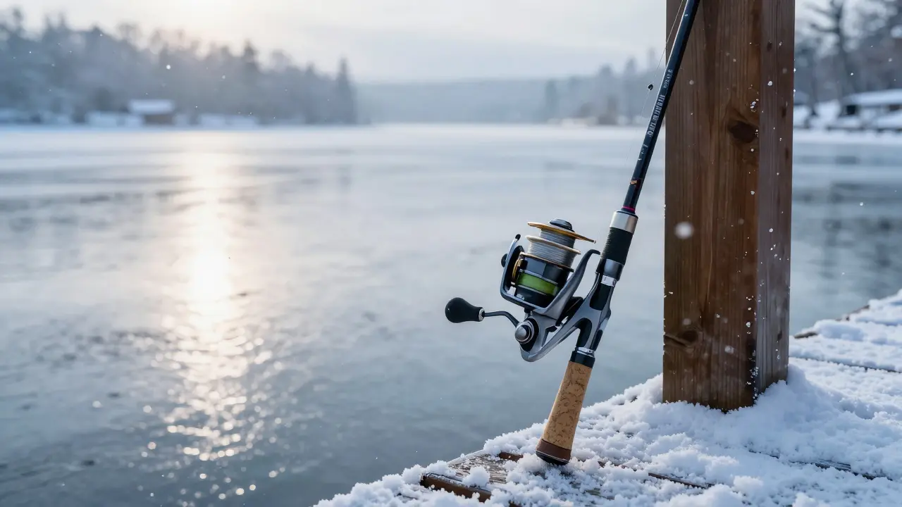 Спиннинг рядом с замерзшим озером в зимних условиях.