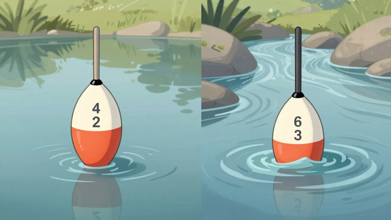 Сравнение поплавков 4 2 и 6 3: один идеально сидит, другой тонет, на фоне спокойного пруда и реки.