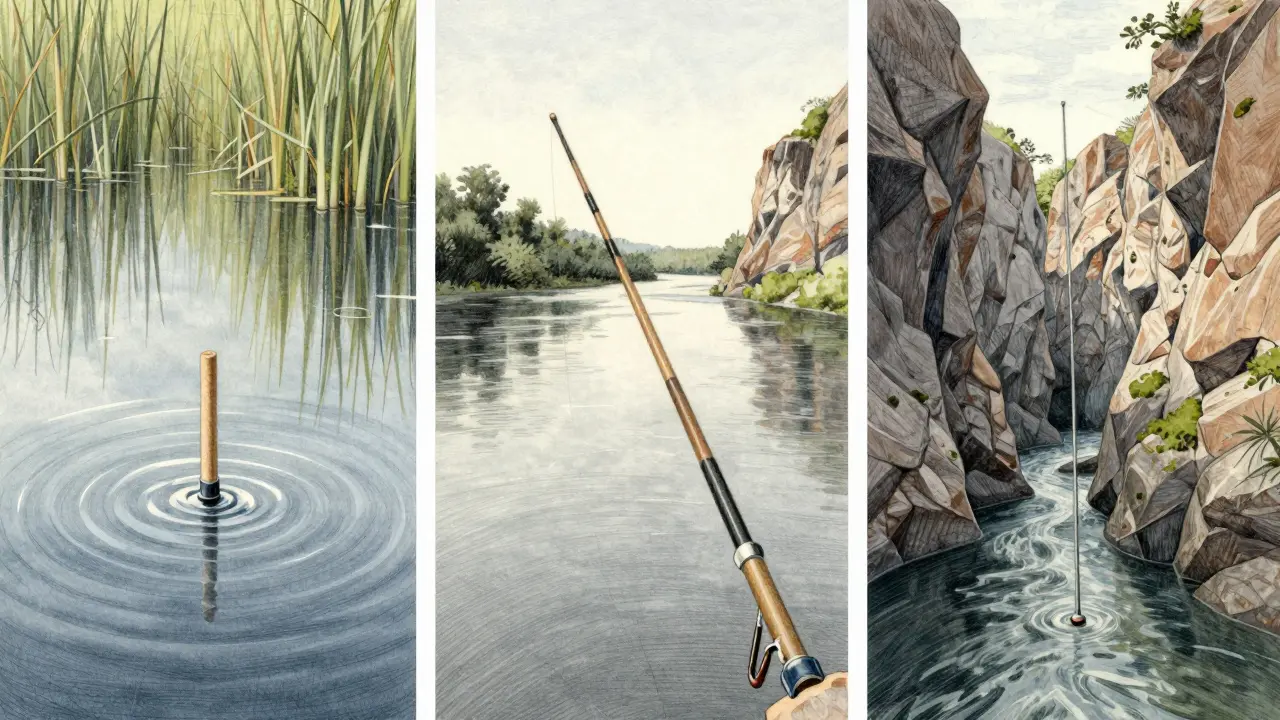 Сравнение трёх типов удилищ для разных условий ловли окуня в иллюстрации