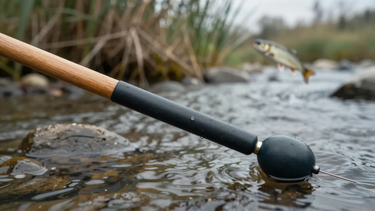 Средняя резиновая амортизирующая деталь натянута между удилищем и поплавком на быстром течении реки.