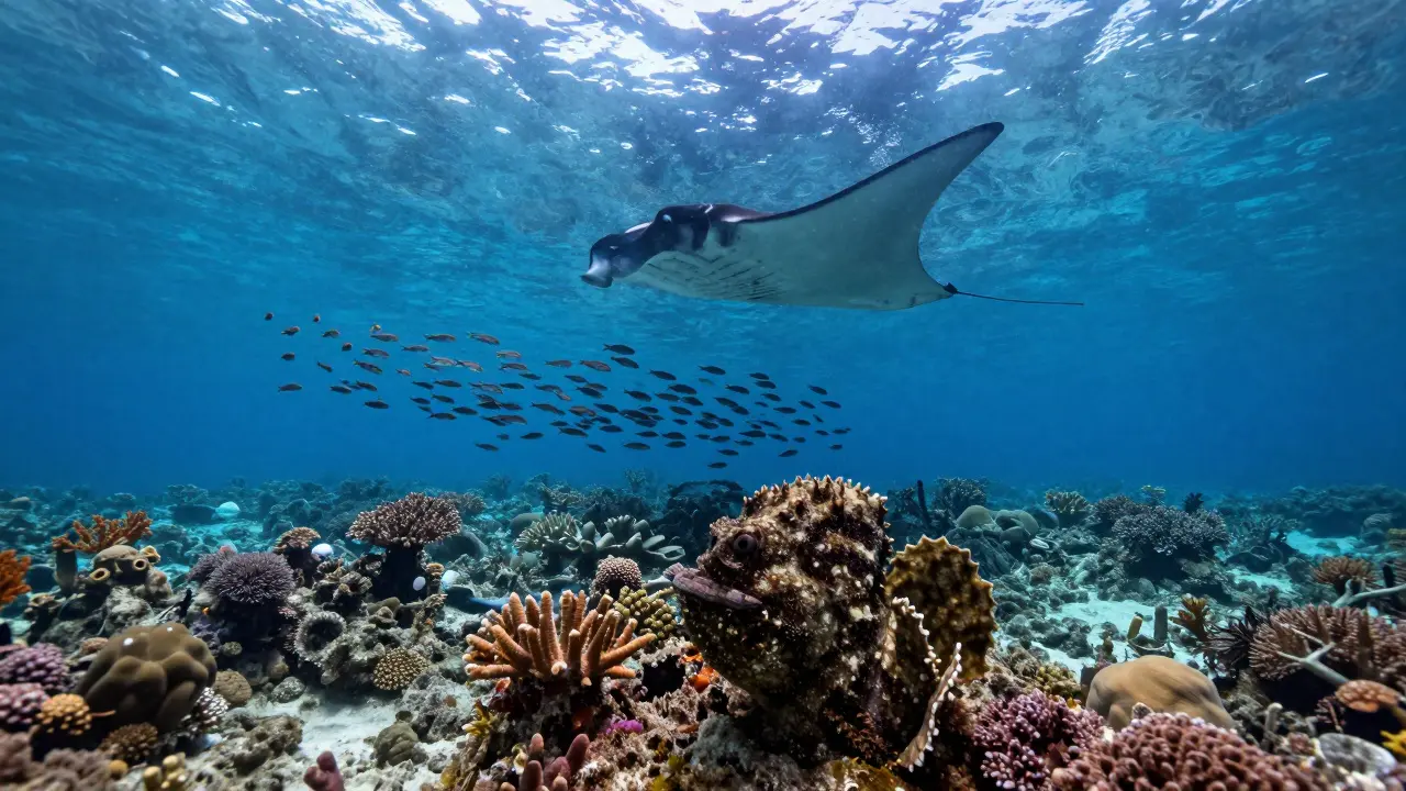 Стая мелких рыб и скат, плывущие над коралловым рифом в прозрачной воде под солнечными лучами.