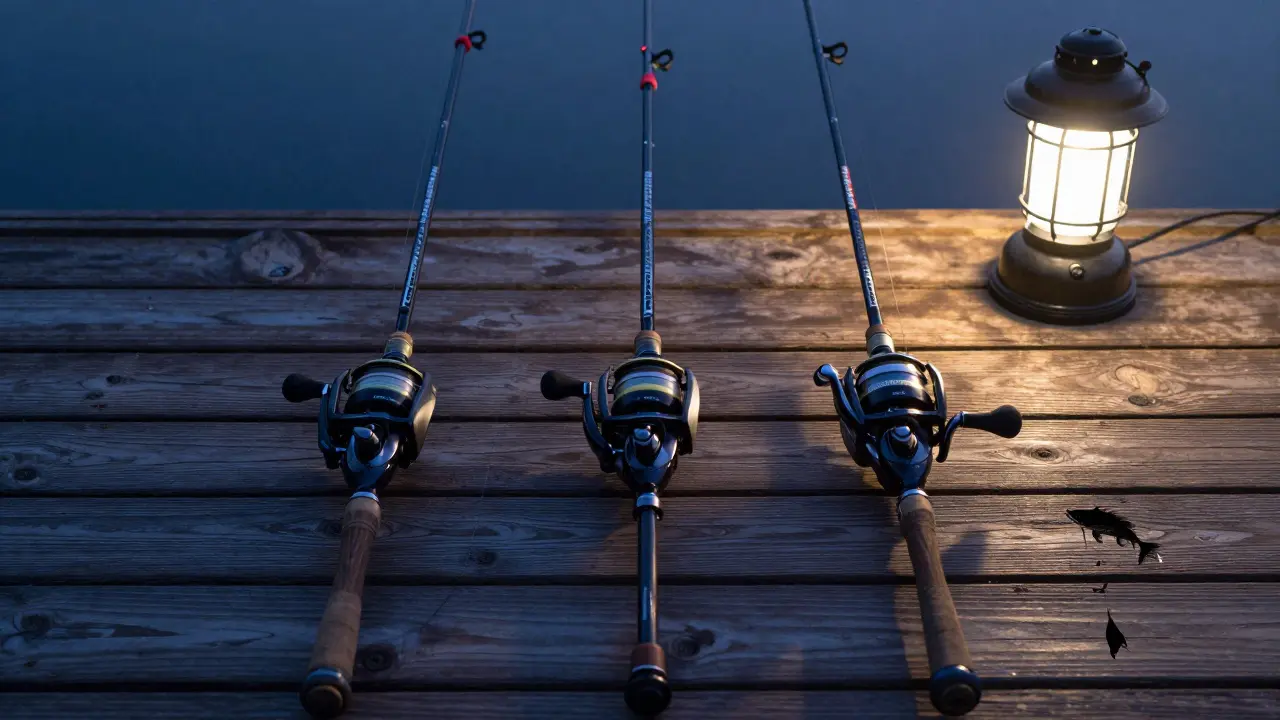 Три фидерных удилища разного теста — 100г, 120г и 180г — лежат на деревянном причале при закате.