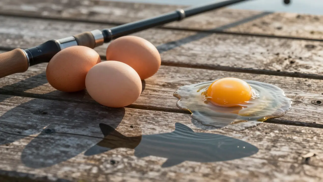 Три обычных яйца рядом с удочкой, а двойное яйцо лежит в тени — рыба уходит.
