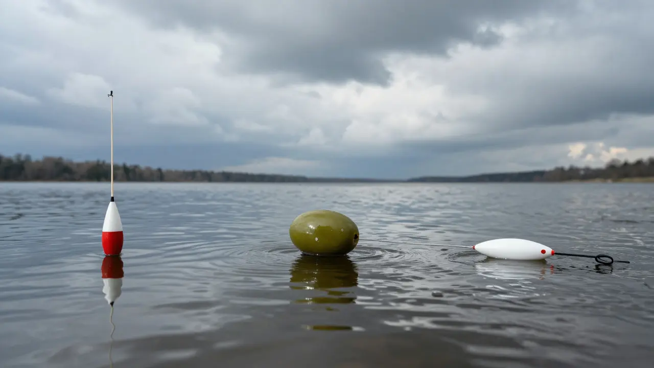 Три сцены настройки снасти: лёгкий, средний и сильный течения с разными весами грузил и положением поплавка.
