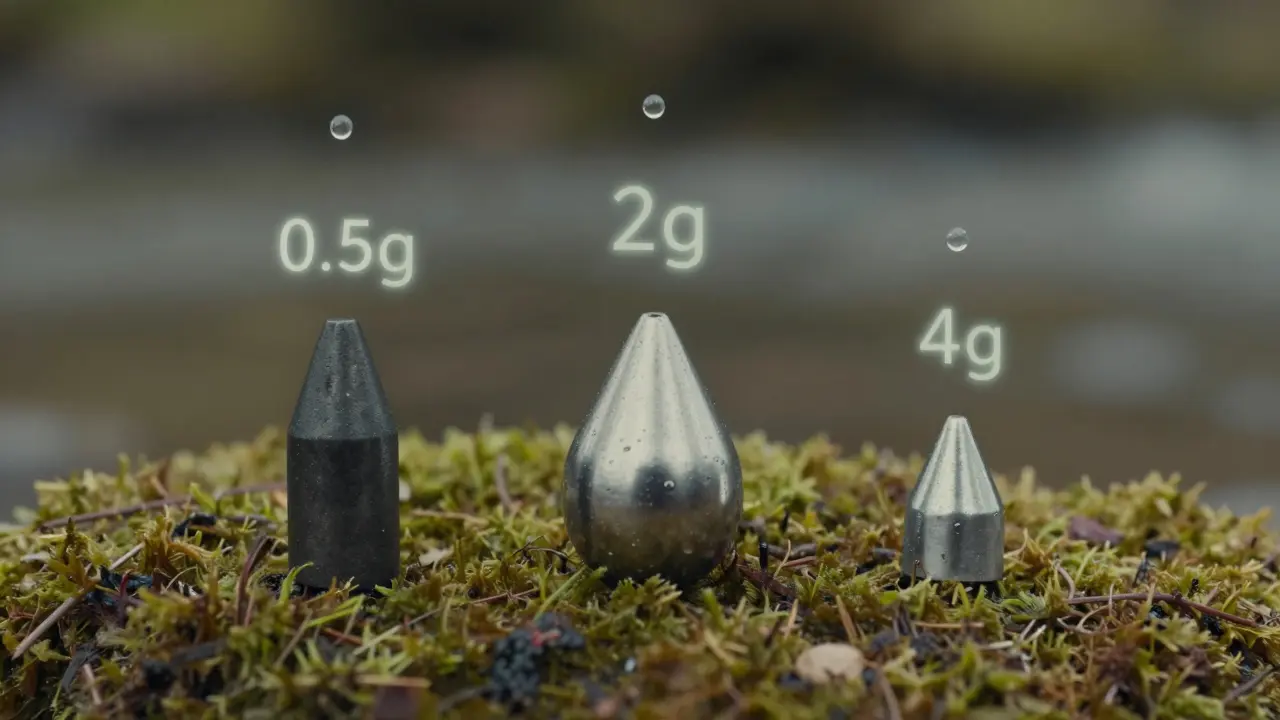 Три типа грузил — свинцовый, стальной и экологичный сплав — лежат на берегу реки.