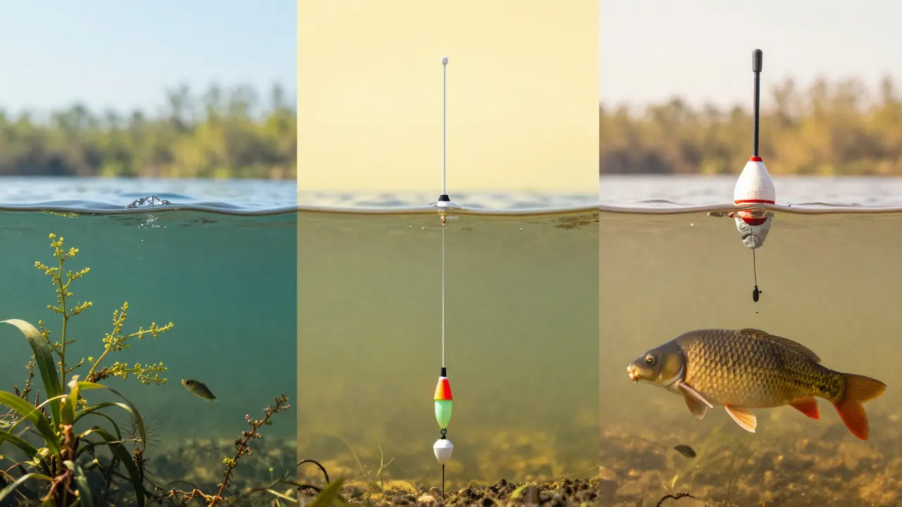 Три варианта настройки поплавка: слишком глубоко, слишком мелко и оптимально — над дном.