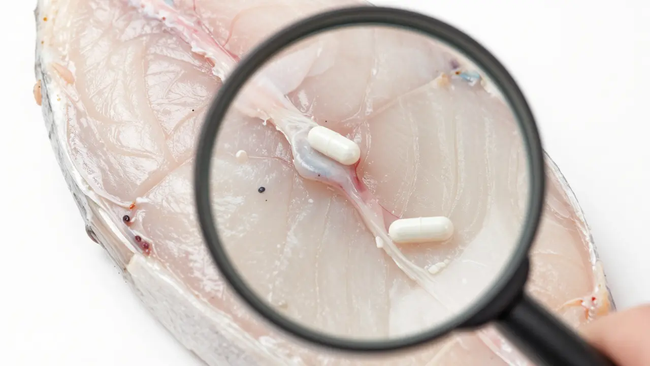 Увеличенное изображение филе рыбы: одна сторона чистая, другая с паразитными капсулами под лупой.