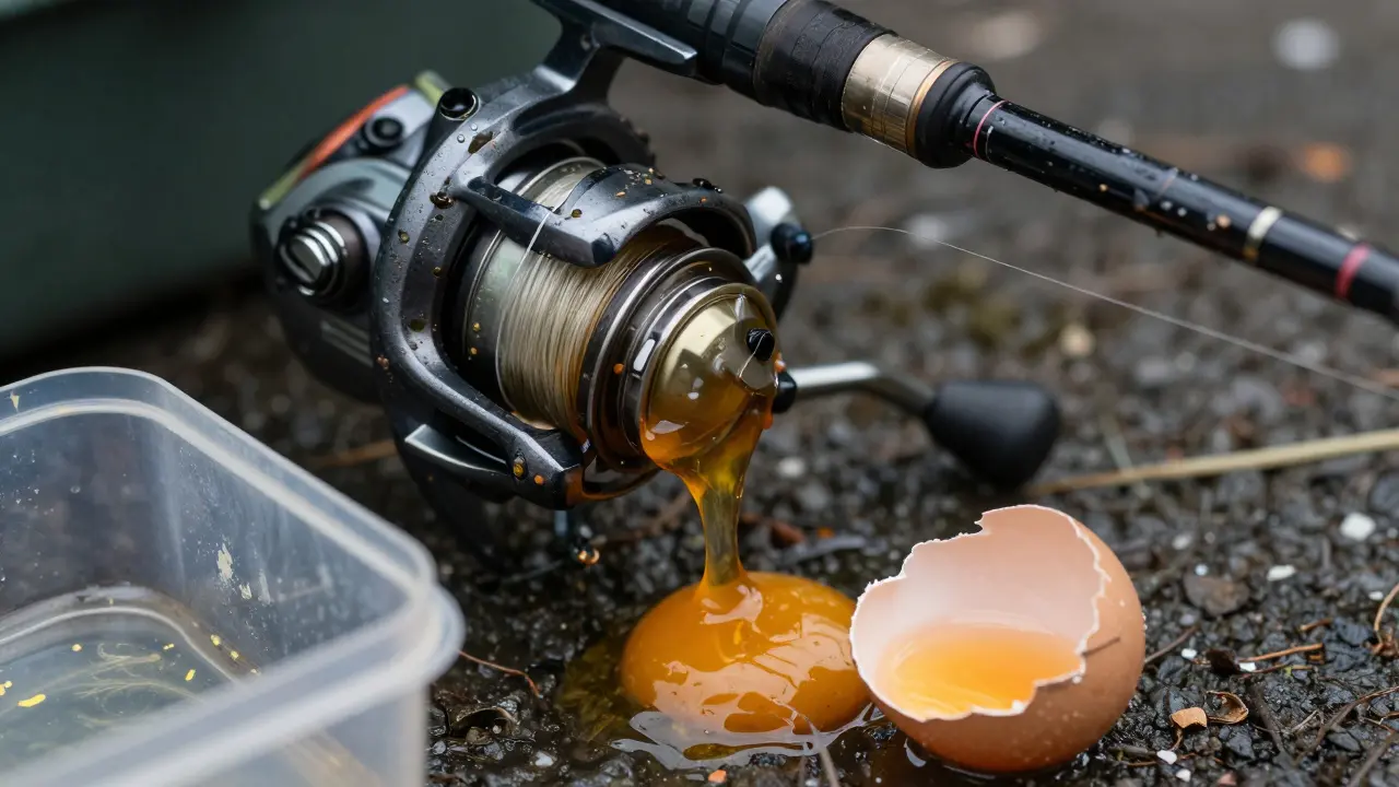 Засохший желток испортил леску и катушку — последствия неправильного хранения яиц на рыбалке.