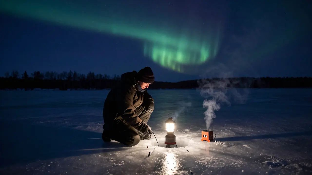 Зимняя рыбалка на лунке под звёздным небом, лампа освещает лёд, рядом костёр и снасти.