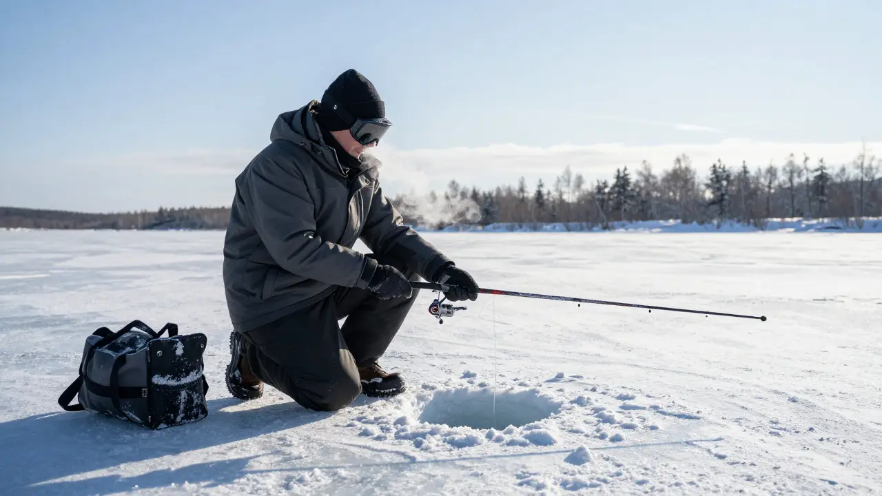 Зимняя рыбалка с короткой снастью через ледяную шуршу на замерзшем водоёме
