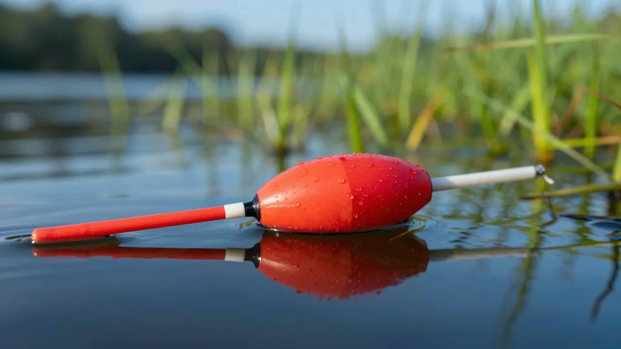 Ярко-красный кончик поплавка на поверхности чистой воды на фоне зелени