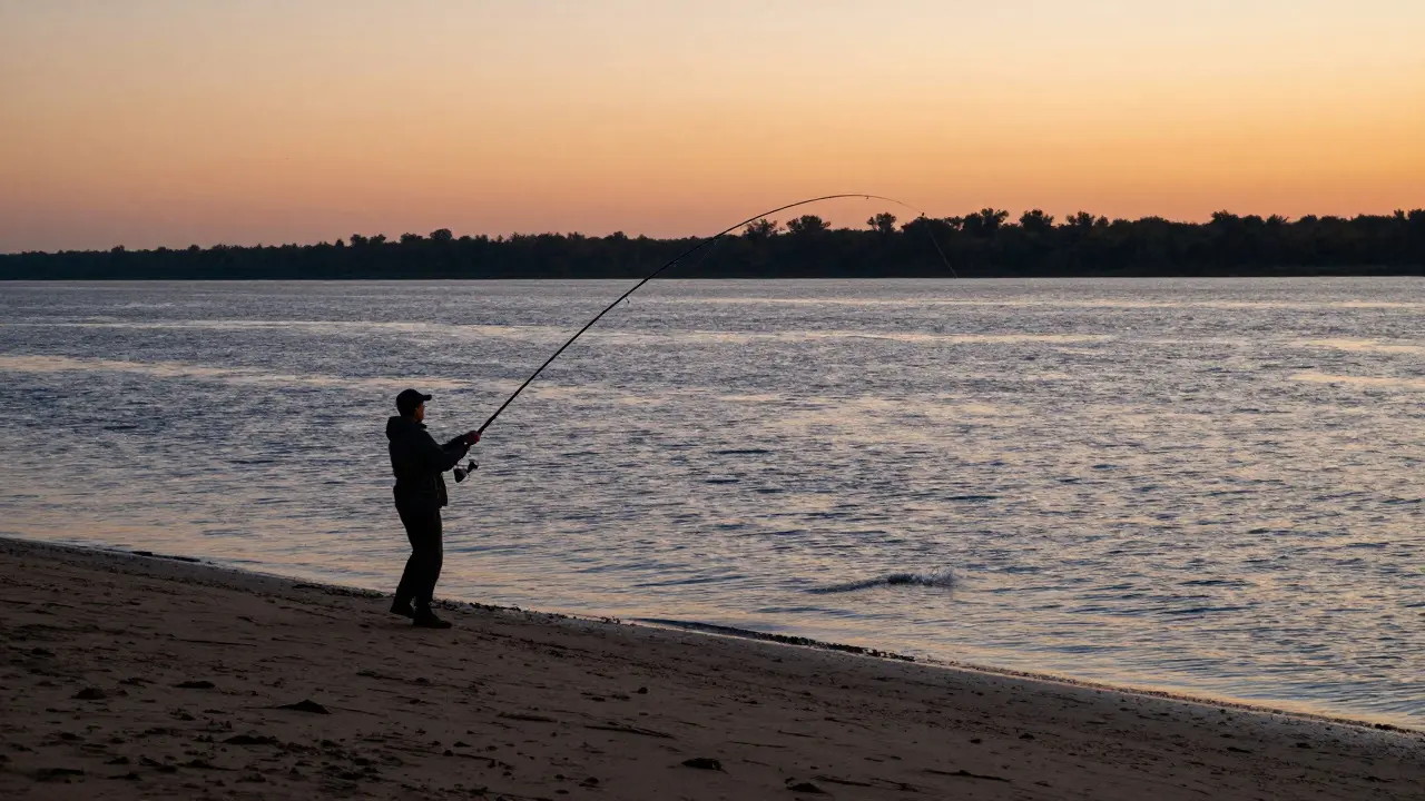 Дальний заброс длинным спиннингом на песчаном берегу на закате