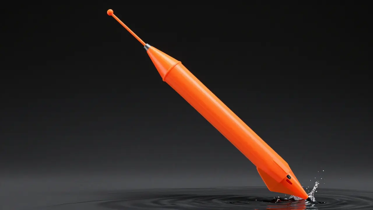 Длинный матчевый поплавок с ярко-оранжевым антенной на темном фоне