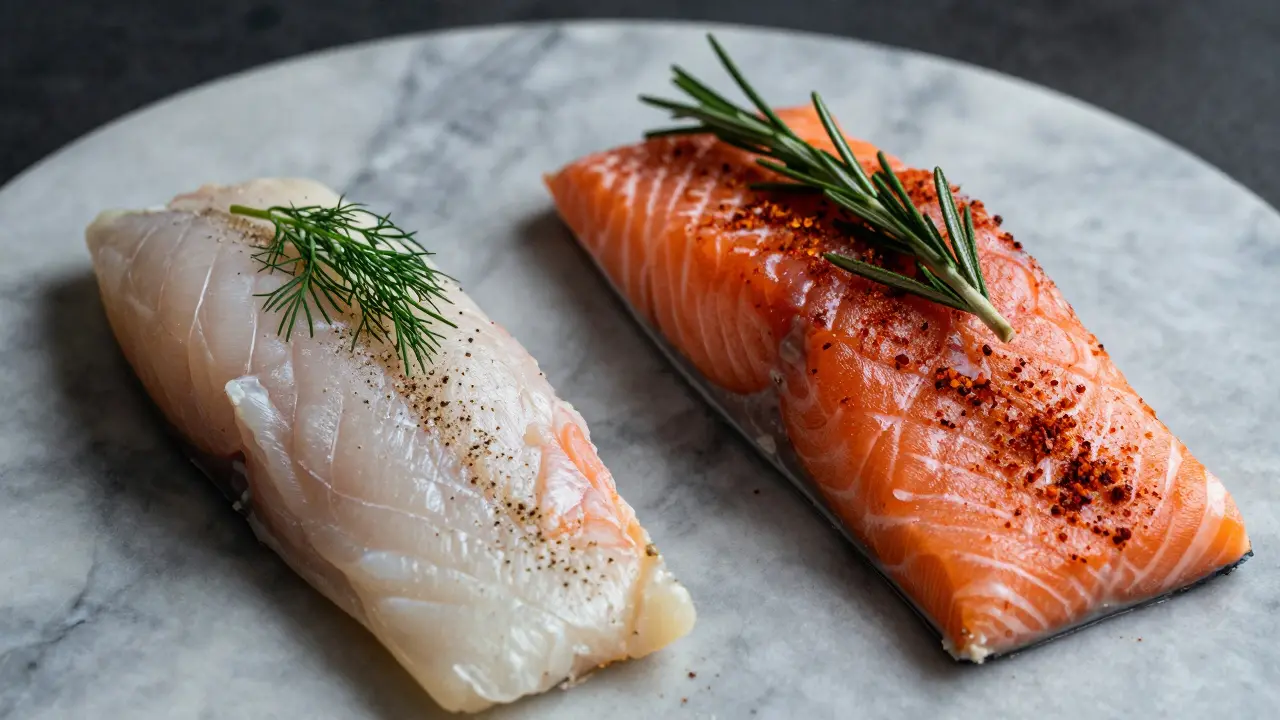 Филе белой рыбы с укропом и филе лосося с паприкой и розмарином