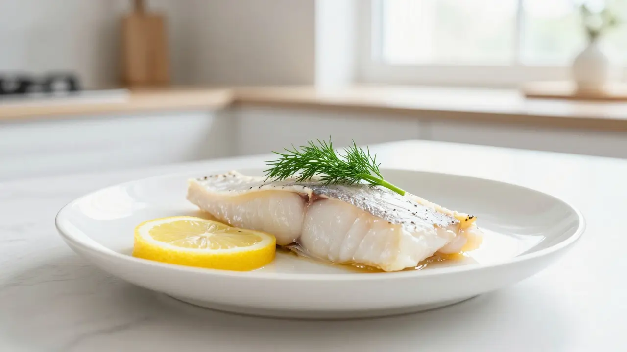 Готовое филе сибаса с долькой лимона и веточкой свежего укропа