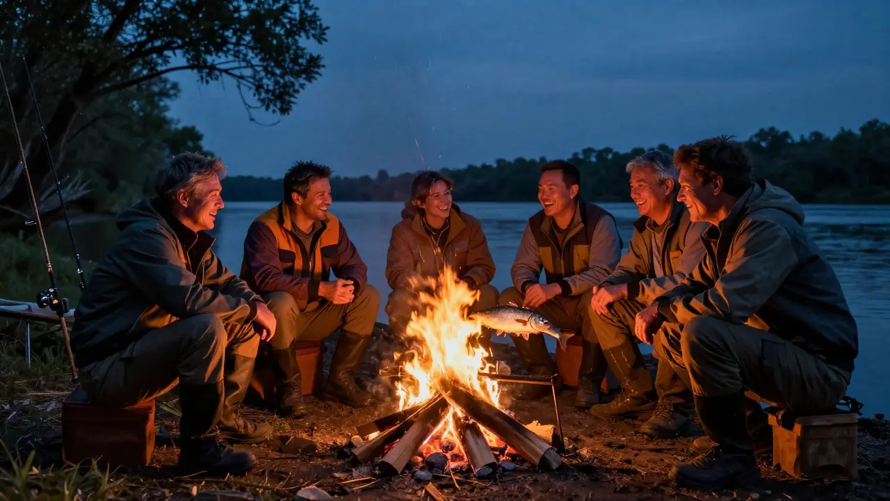 Группа друзей у костра с рыбой на берегу реки