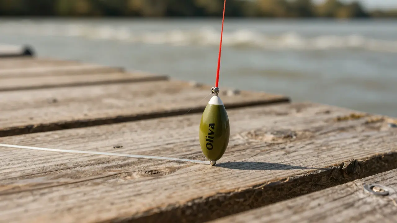 Грузило-олива на леске рядом с поплавком на деревянном причале у реки