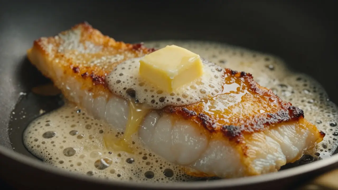 Кусочек сливочного масла тает рядом с обжаренным филе сибаса