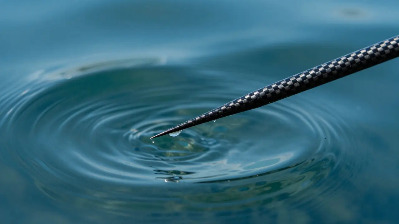Макроснимок тонкой карбоновой антенны поплавка на поверхности чистой воды