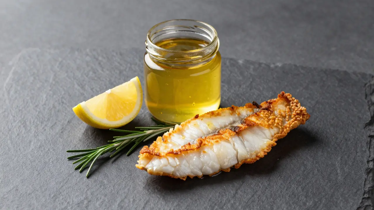 Масло Гхи и обжаренная белая рыба с лимоном на темном фоне