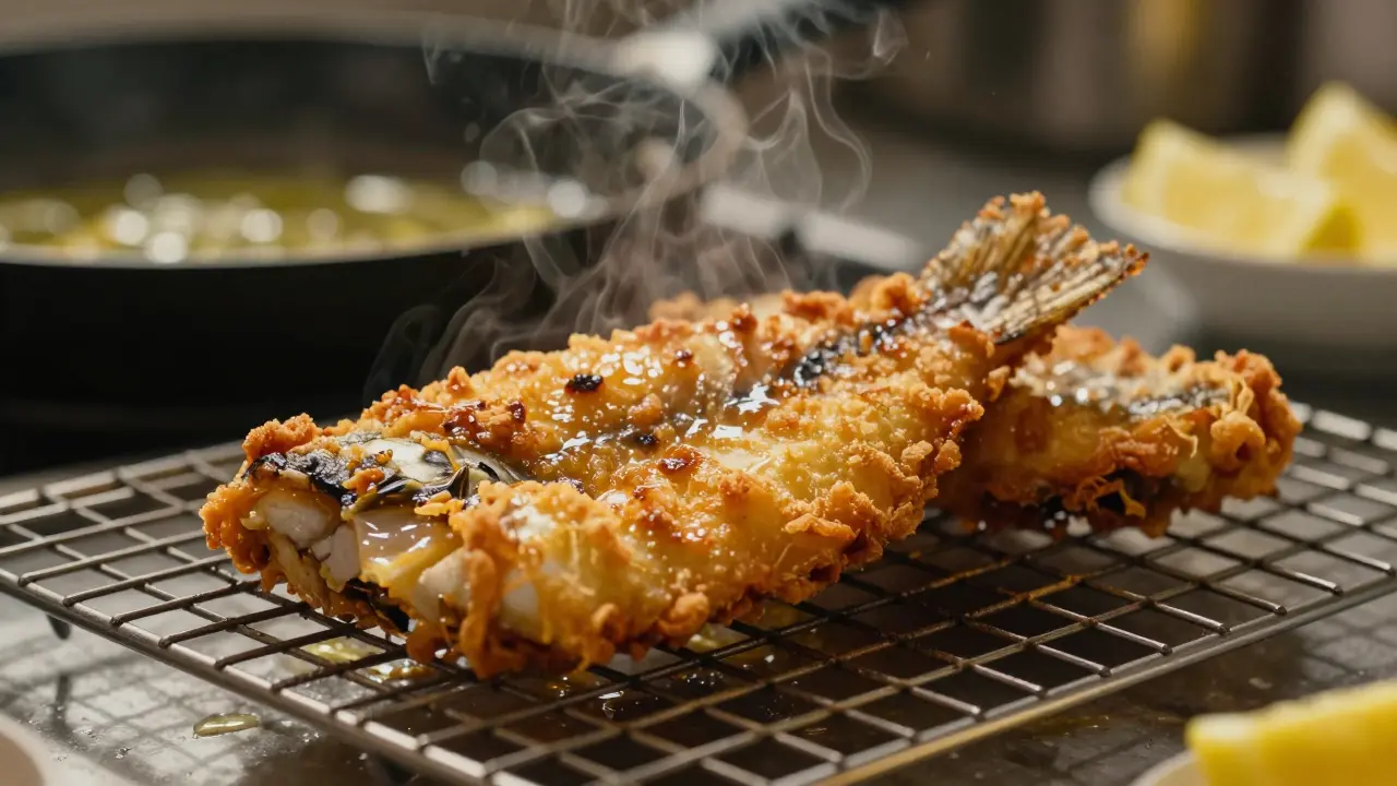 Обжаренное рыбное филе с золотистой хрустящей корочкой на металлической решетке