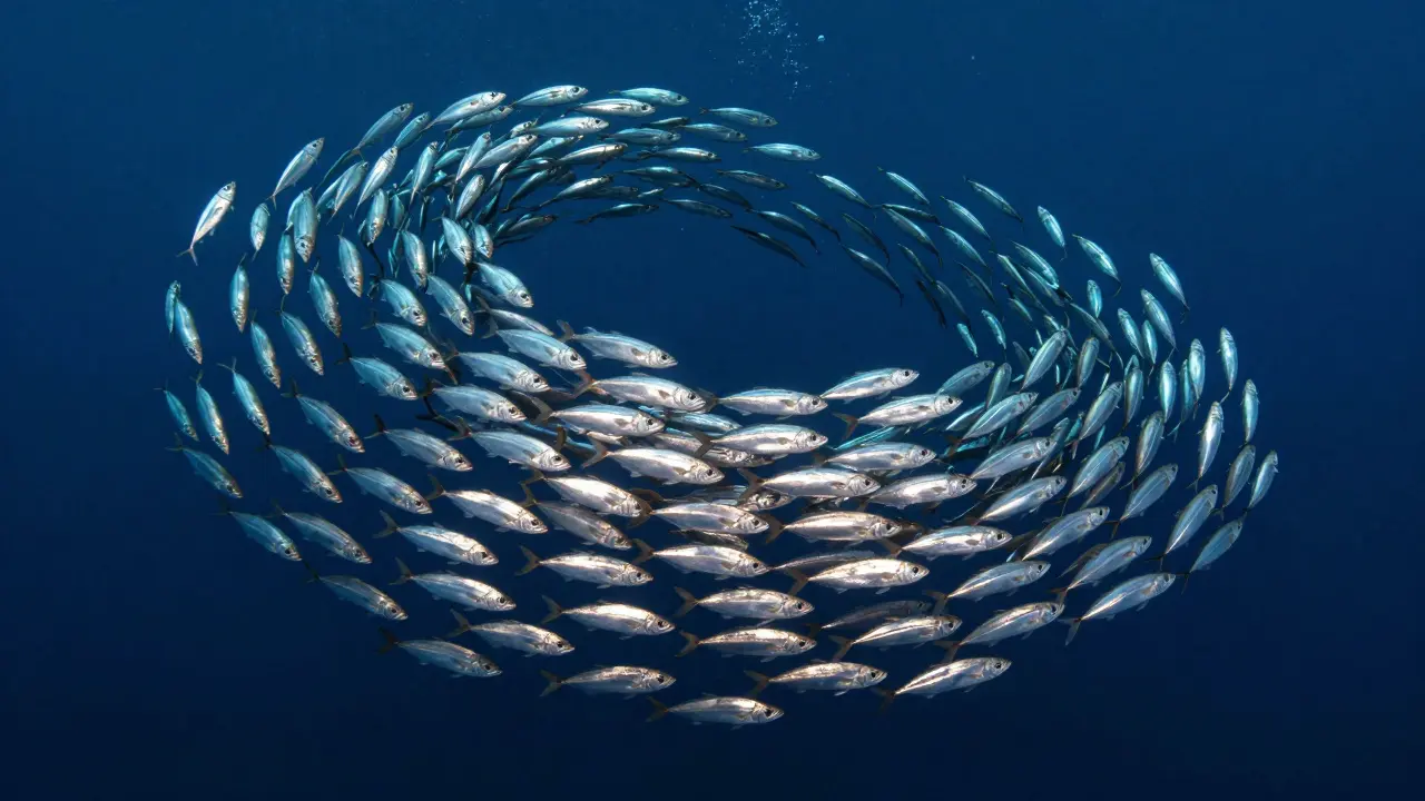 Огромный плотный косяк серебристых сельдей, синхронно поворачивающих в океане