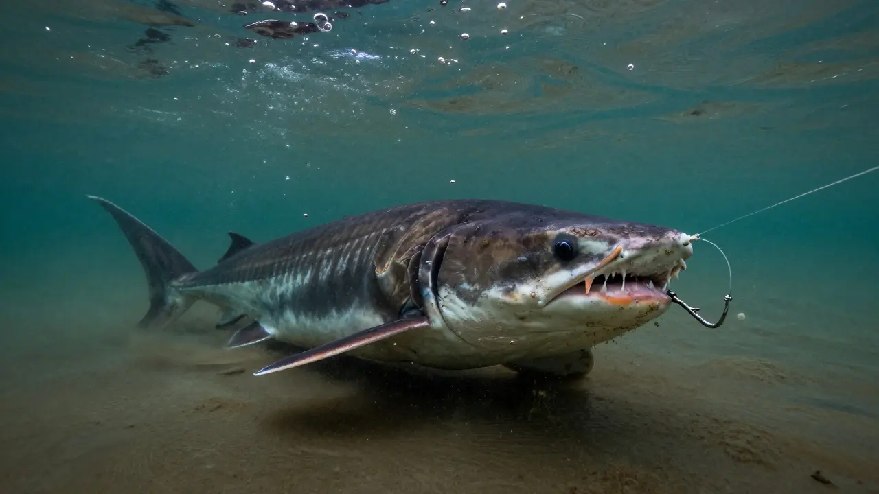 Подводный вид: круглый крючок зацепляется за угол рта гигантского сома