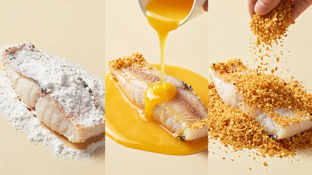 Процесс панировки рыбы: обвалка в крахмале, окунание в яйцо и сухари