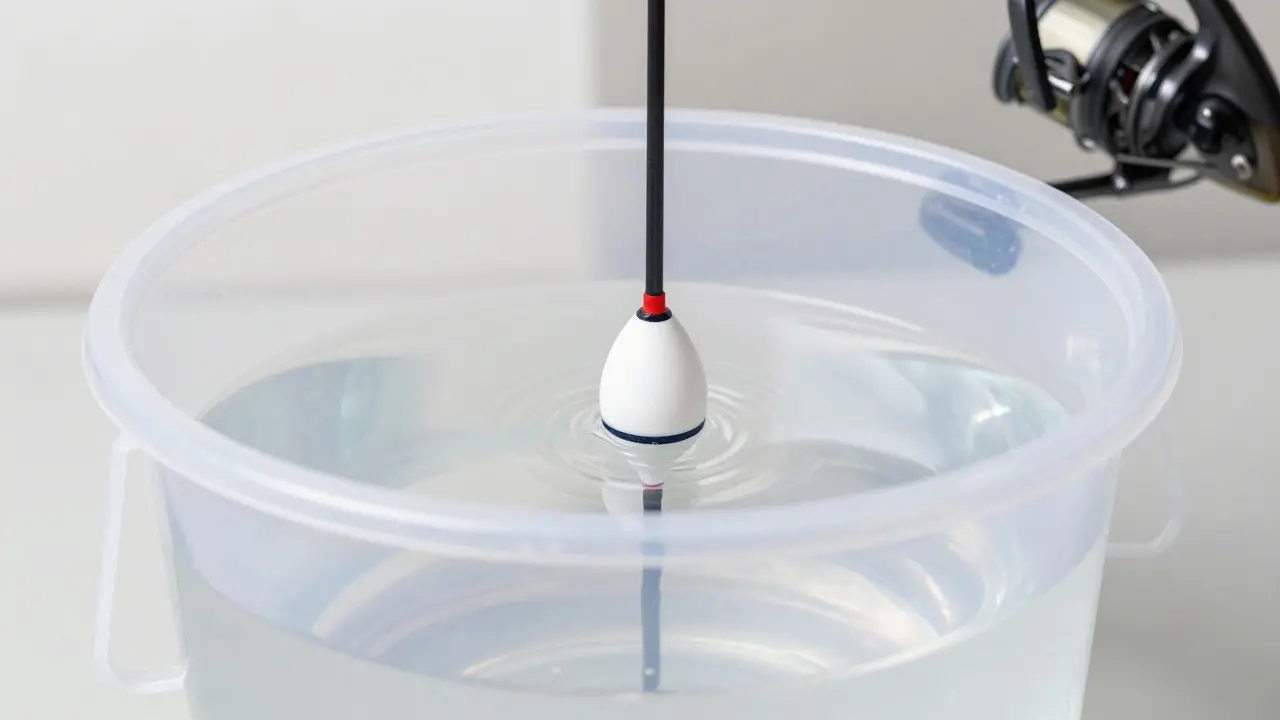 Проверка плавучести рыболовной оснастки в ведре с водой