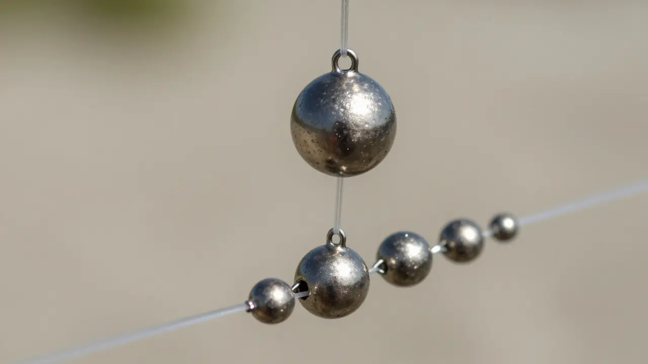 Распределение свинцовых дробинок разного размера на леске