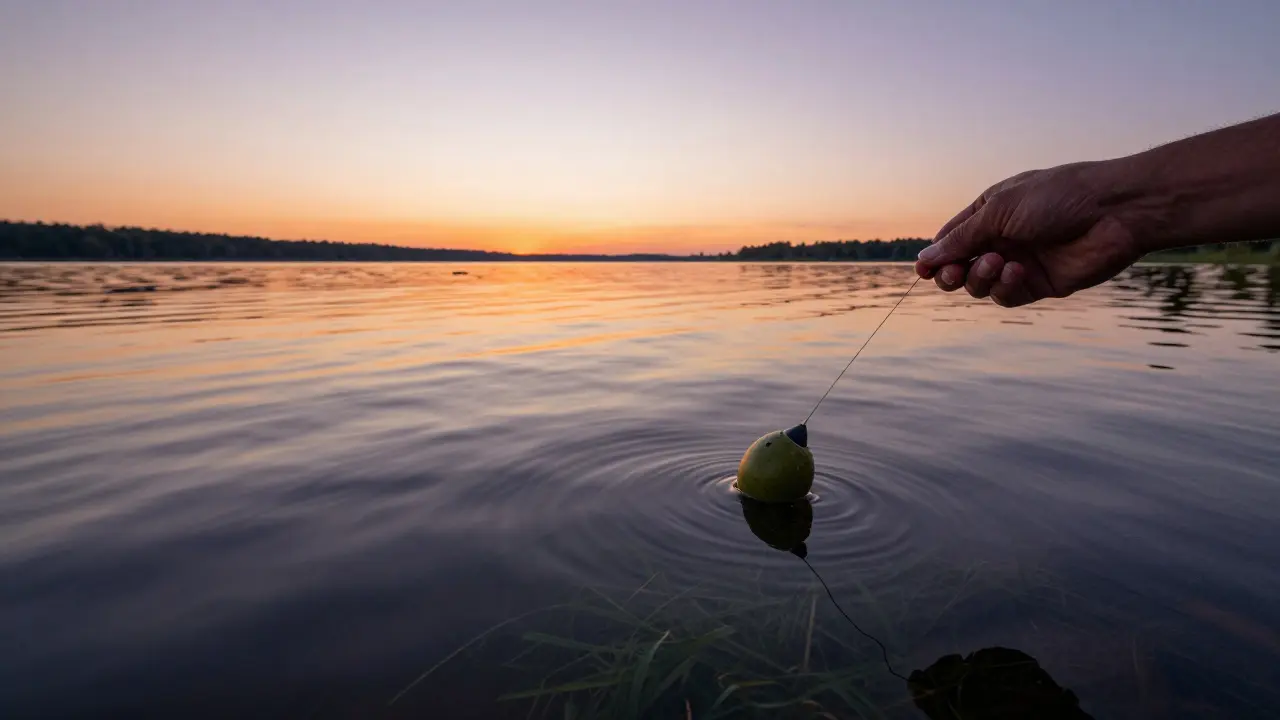 Рыбак настраивает оснастку с тонким поплавком из бальзы на спокойном озере в лучах заката