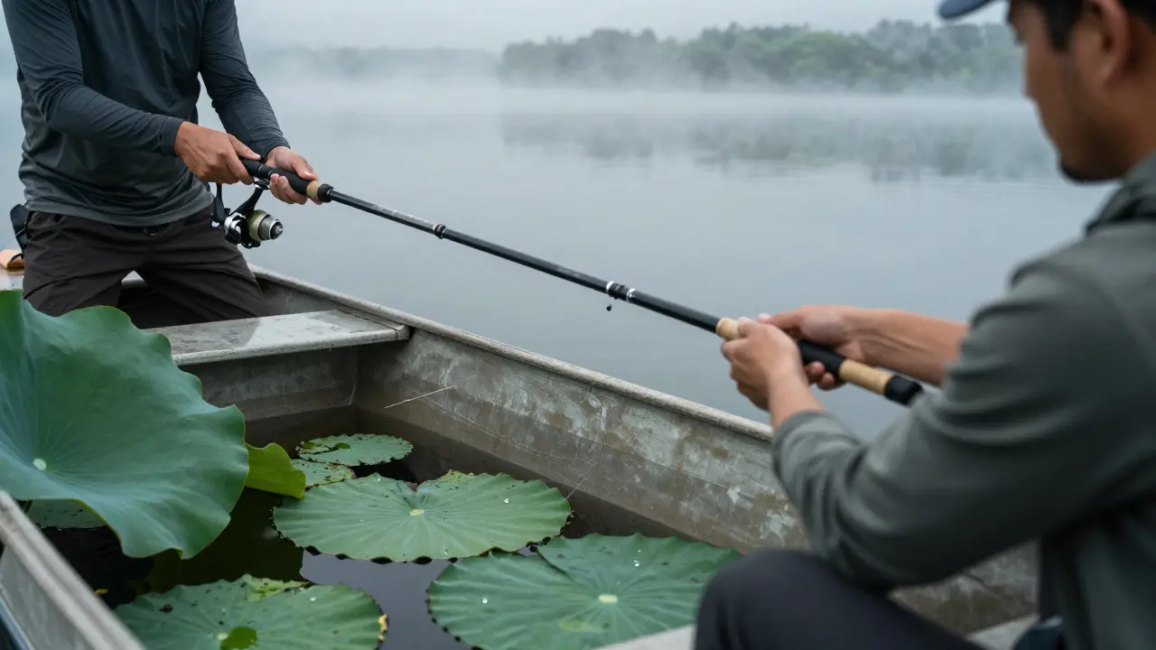 Рыбак с компактным удилищем ловит рыбу из лодки среди кувшинок