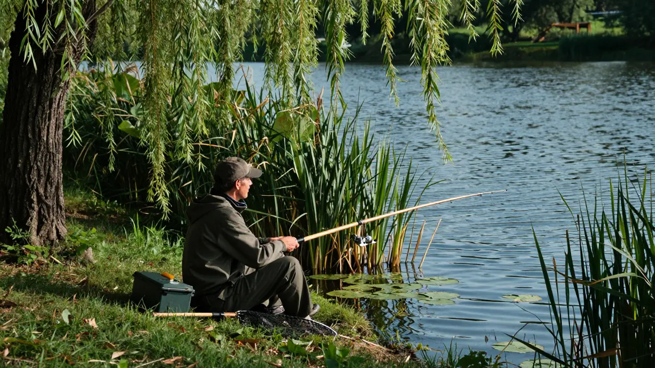 Рыбак с удочкой сидит под ивой у кромки воды в камышах
