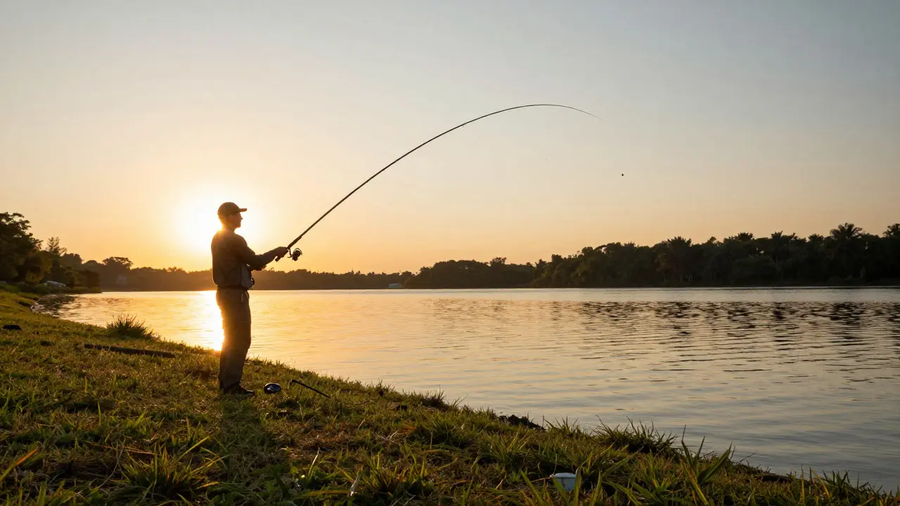 Рыбак забрасывает приманку средним удилищем на открытом берегу пруда в лучах заката
