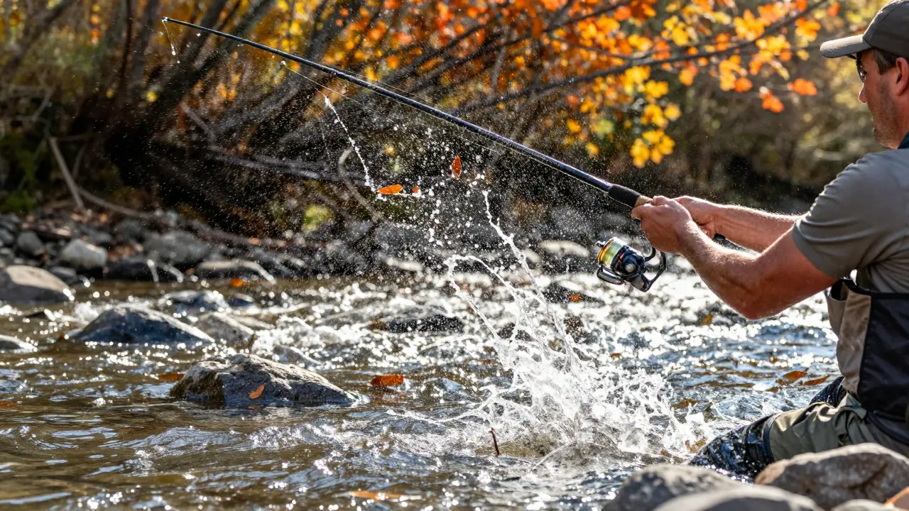 Рыболов активно забрасывает спиннинг в реку