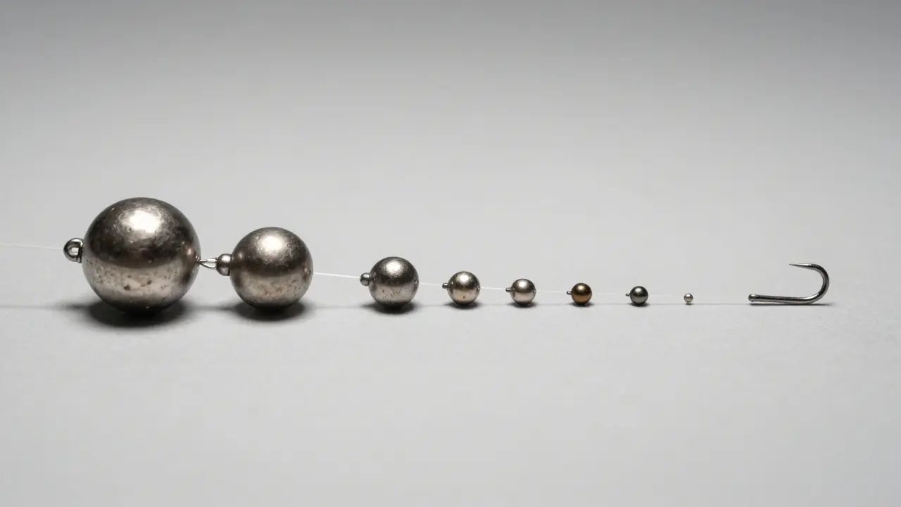 Схема распределения грузил на леске: основные тяжелые дробинки и мелкая подпасека