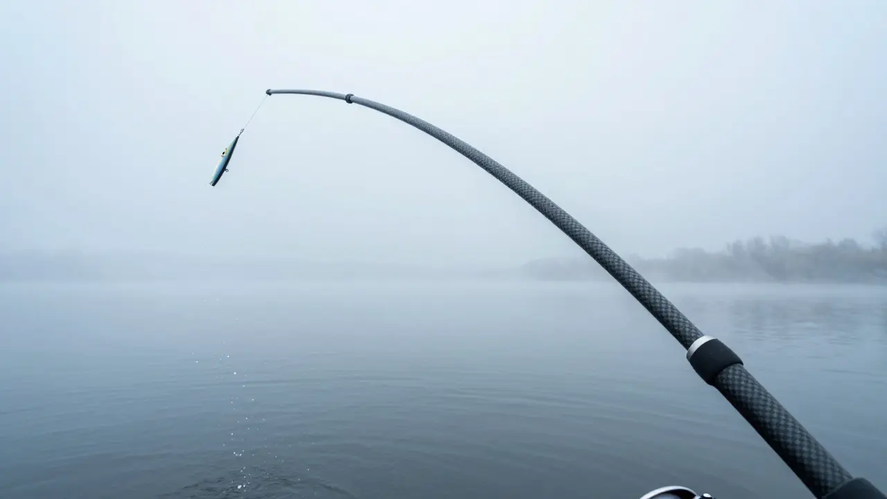 Спиннинг в момент заброса блесны на большое озеро