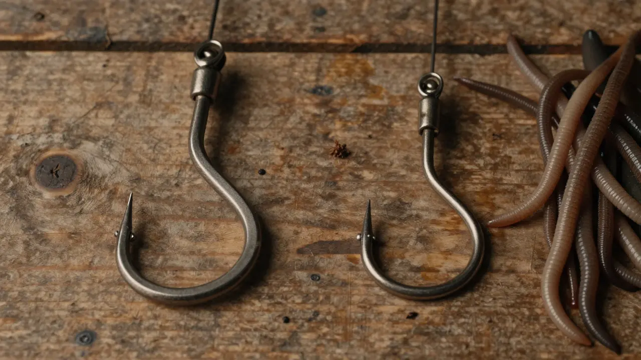 Сравнение формы обычного и круглого крючка рядом с наживкой на деревянном фоне