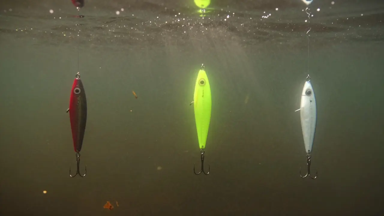 Сравнение видимости красной и неоновой приманок в мутной воде на глубине