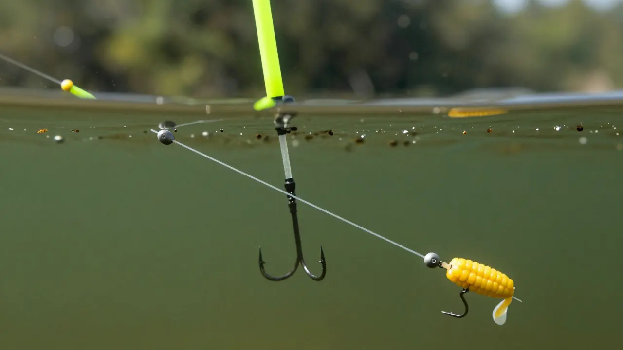 Срез воды с поплавком, оснасткой и наживкой на крючке