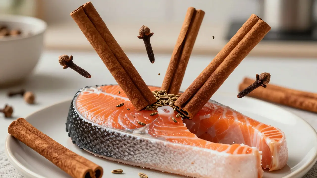 Стейк из лосося в окружении крупных палочек корицы и семян зиры